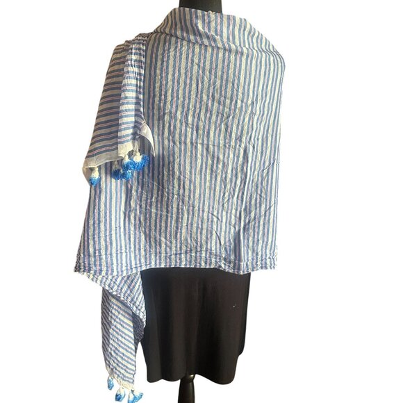 Kate Spade Candy Stripe Tassel Fringe Shawl Womens Wrap Scarf Cotton Sarong - Picture 4 of 16